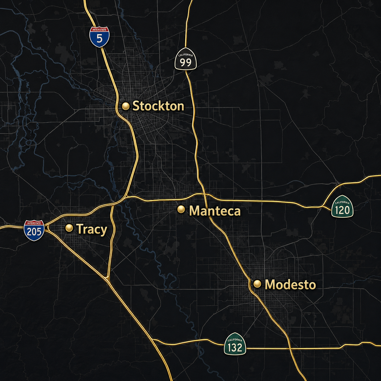 JAV Automotive Locksmith service area map — Stockton, Manteca, Tracy, Modesto, Lathrop and Central Valley CA