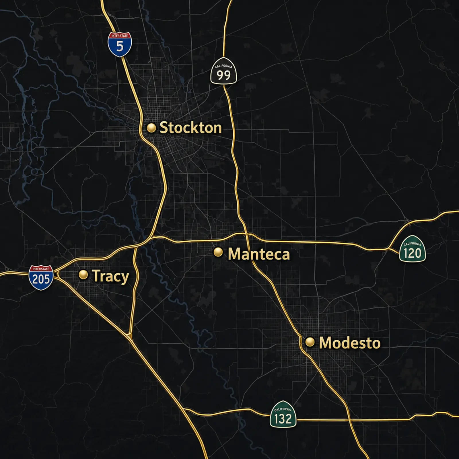 JAV Automotive Locksmith service area map — Stockton, Manteca, Tracy, Modesto, Lathrop and Central Valley CA